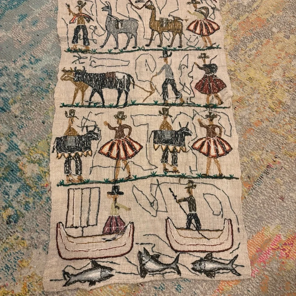 Vintage Folk Art Embroidery Peruvian Wall Tapestry Peru Artisan Fishing Dancing